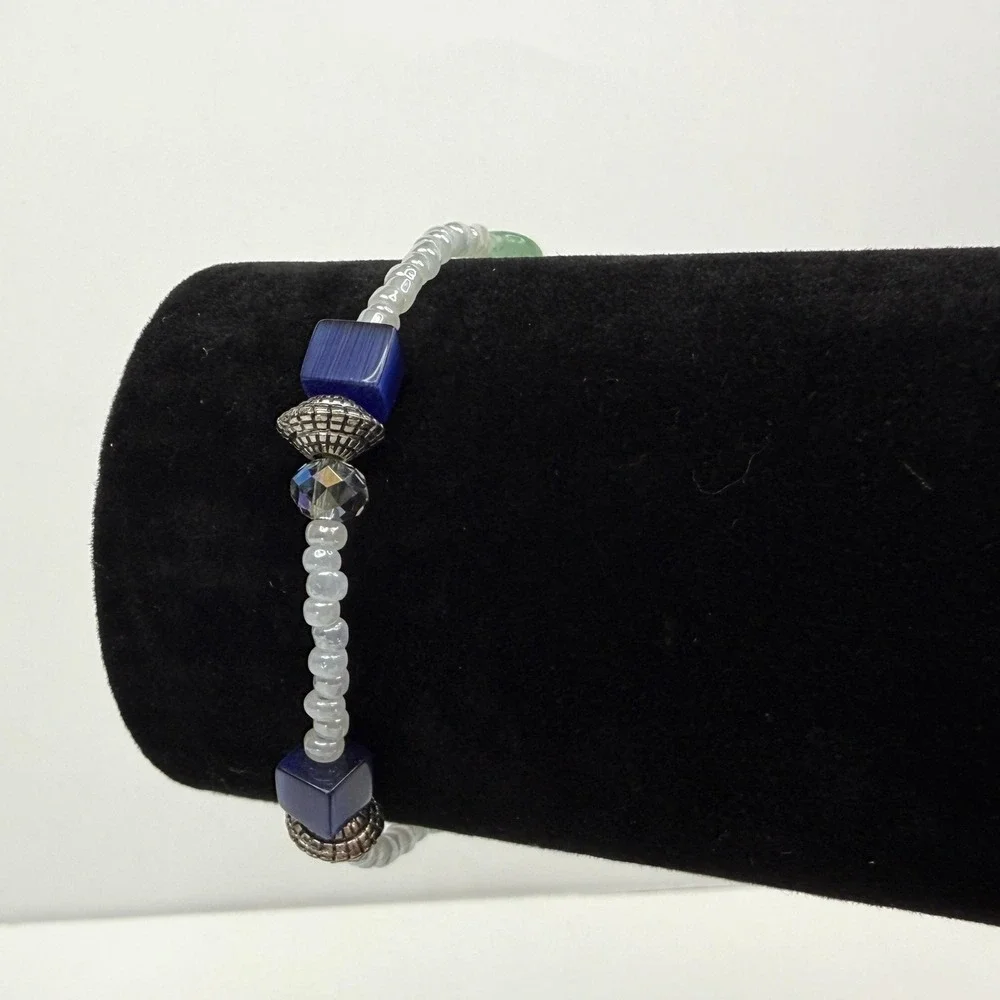 Acrylic Beaded Bracelet Stretch Band Blue Green Silver Accent Beads Jewelry